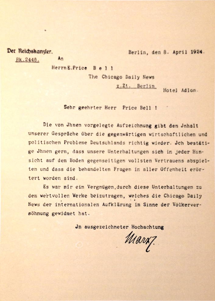 Wilhelm Marx imprimatur: Chancellor Wilhelm Marx’s imprimatur, certifying “that the matter covered by them was carefully read and formally approved for publication by the officials interviewed.”; history; interviews; pre-war Germany