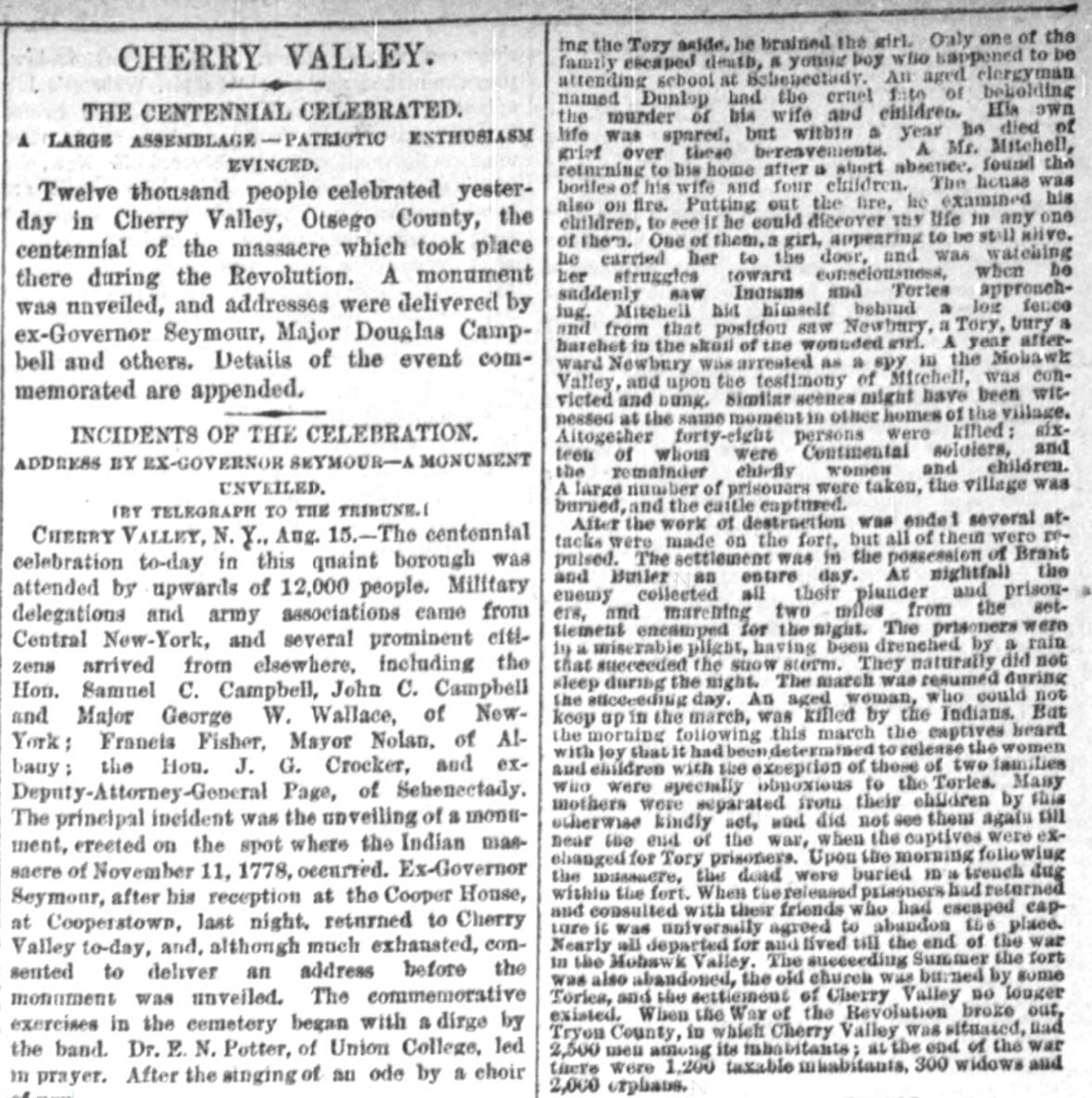 The Centennial Celebrated: Beginning of article on the unveiling of a monument in the Cherry Valley cemetery on August 15, 1878.; Cherry Valley, New York