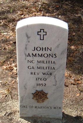 John Ammons, One of Marion’s Men: John Ammons, NC Militia, GA Militia, Rev War, 1760-1852. “One of Marion’s Men.”; Marion’s Men; grave marker