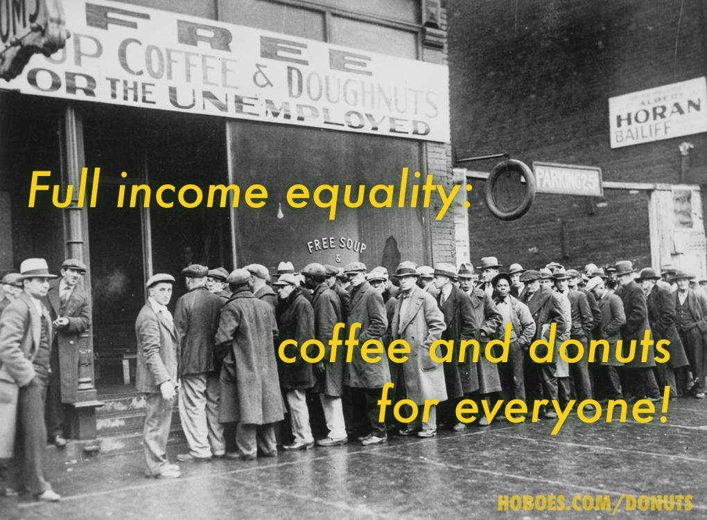Equality Donuts: Full income equality: coffee and donuts for everyone!; Great Depression; income mobility; income inequality