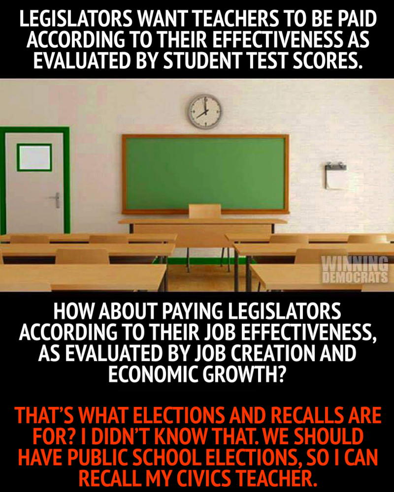 Evaluate teachers like legislators: Legislators and teachers should be evaluated for job effectiveness in the same way.; elections; government schools; public schools; teachers; recalls