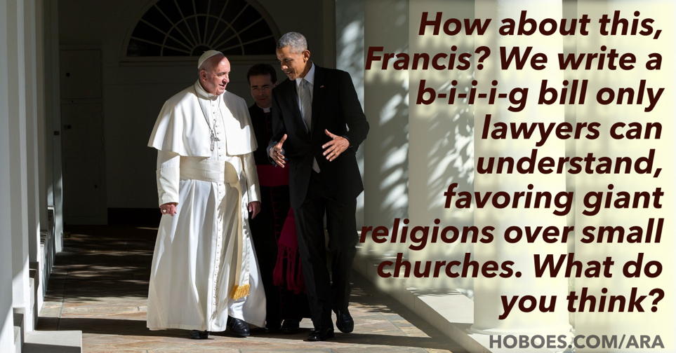 The Temptation of Pope Francis: President Obama tempts Pope Francis with world rulership.; Barack Obama; devil; Satan; Pope Francis