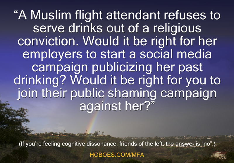 Muslim flight attendant: A Muslim flight attendant refuses to serve drinks out of a religious conviction. Would it be right to start a social media campaign publicizing her past drinking?; hypocrisy; memes; shaming