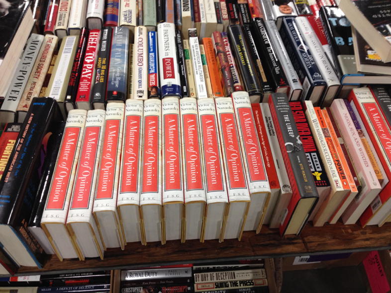 A Matter of Opinion remaindered: Several copies of A Matter of Opinion at the Get a Spine booksale in Austin, May 2, 2014.; books; Victor S. Navasky