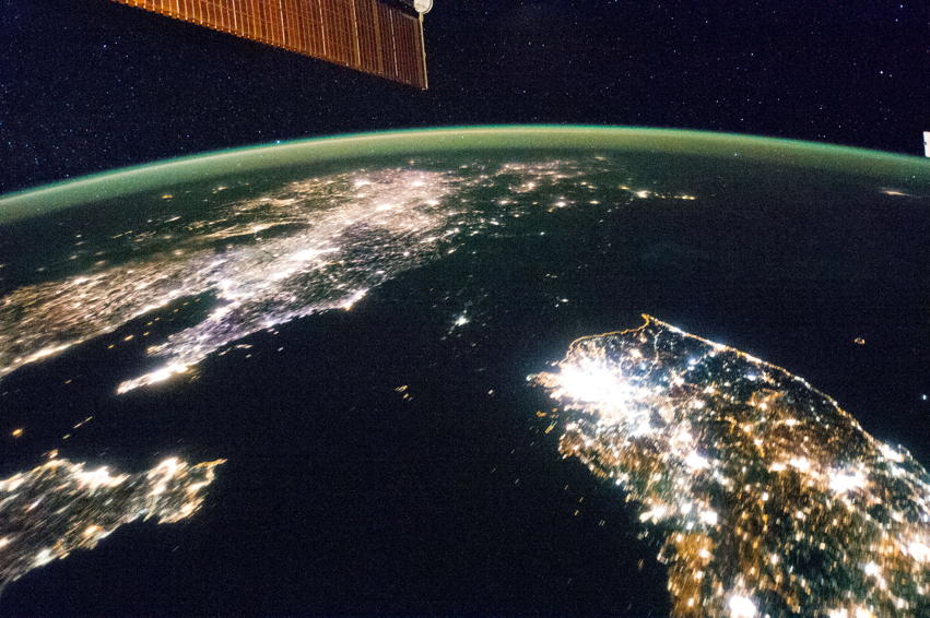 Korea at night: Southern China, North Korea, and South Korea at night.; socialism; Korea; communism