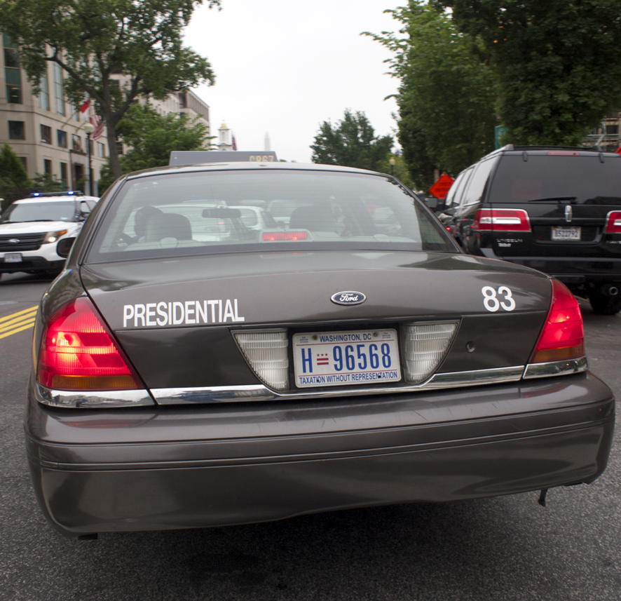 DC K Street cab: Seen on K Street in Washington, DC: A Presidential Cab with standard DC plates, “taxation without representation”.; Washington, DC; taxes