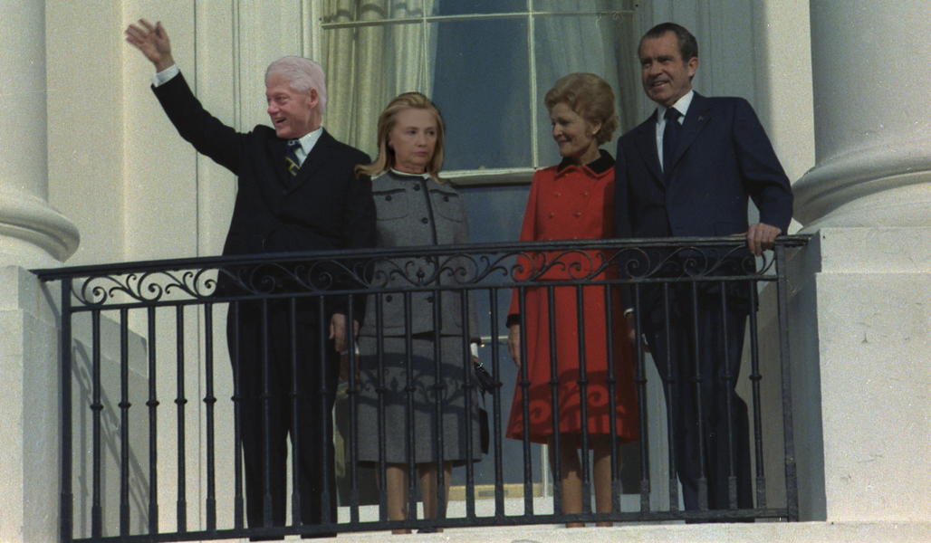 Clintons and Nixons: Bill and Hillary Clinton with Richard and Pat Nixon on the White House south balcony.; Richard Nixon; Bill Clinton; Hillary Clinton