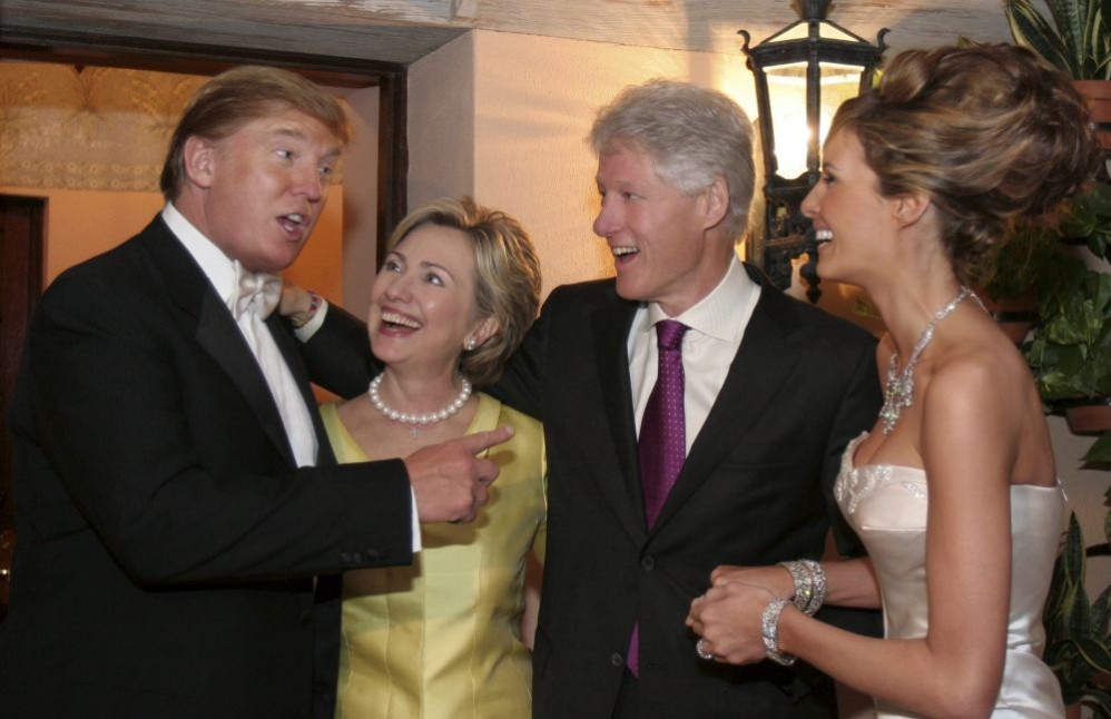 Clintons at Trump wedding: Bill and Hillary Clinton pal around with Donald Trump at wedding.; Bill Clinton; Hillary Clinton; President Donald Trump