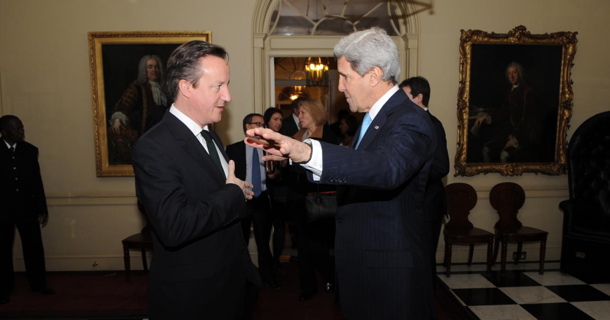 Prime Minister David Cameron and Secretary of State John Kerry: “British Prime Minister David Cameron bids farewell to U.S. Secretary of State John Kerry following at meeting at No. 10 Downing Street in London, United Kingdom, on March 14, 2014.”; United Kingdom; John Kerry; David Cameron