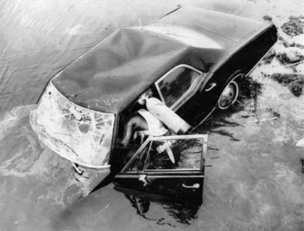 Mary Jo Kopechne’s car emerges: Mary Jo Kopechne’s car pulled from Poucha Pond on Chappaquiddick Island.; murder; Ted Kennedy