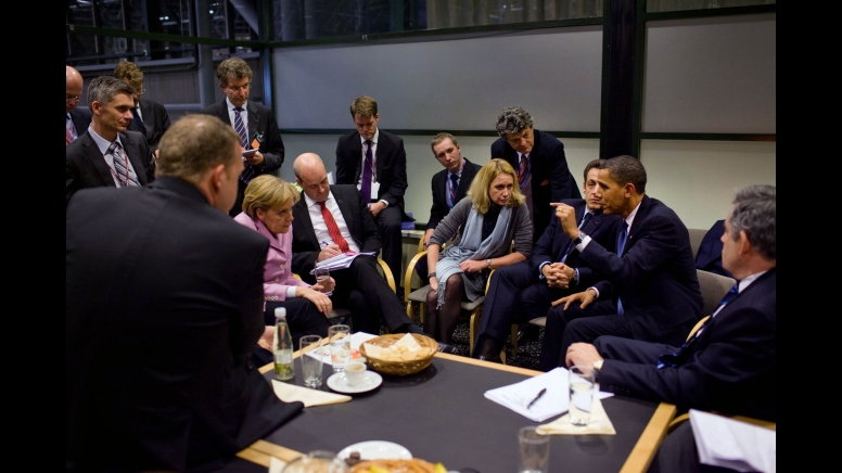 Obama at climate change conference in Copenhagen: “President Barack Obama briefs European leaders following a multilateral meeting at the United Nations Climate Change Conference in Copenhagen, Denmark. Participants include British Prime Minister Gordon Brown, French President Nicolas Sarkozy, Danish Prime Minister Lars L. Rasmussen, Swedish Prime Minister Fredrik Reinfeldt, and German Chancellor Angela Merkel.”; Barack Obama; global warming