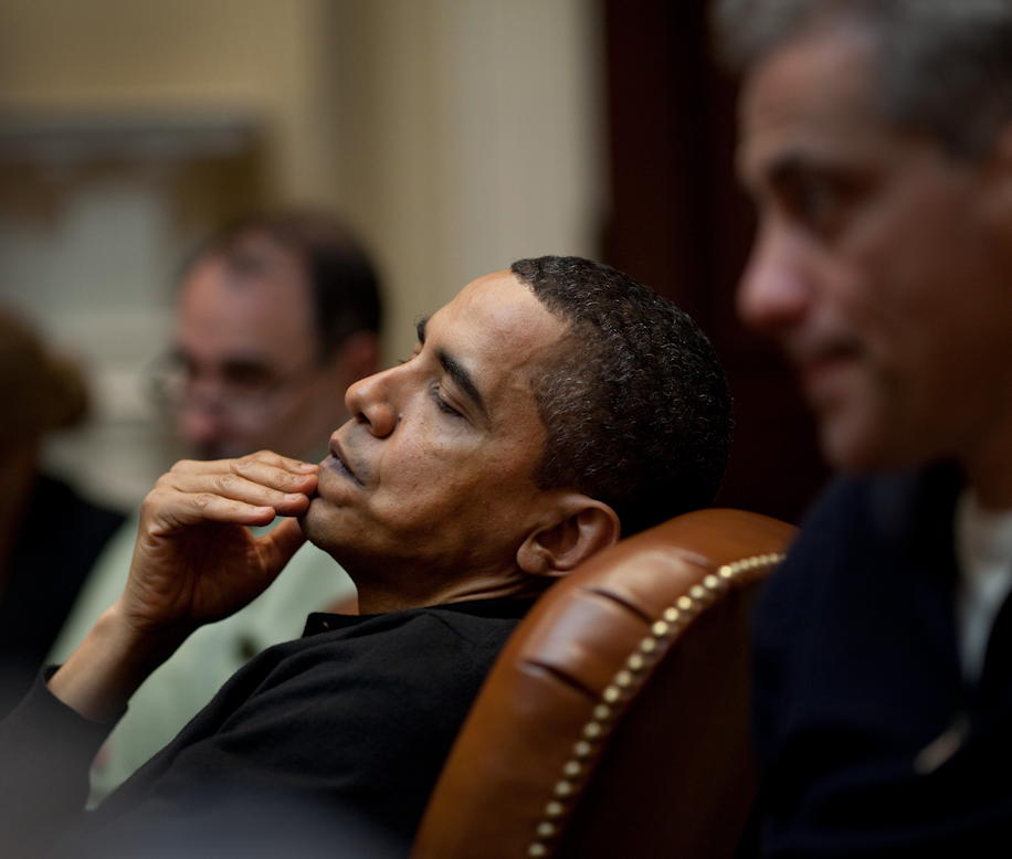 President Obama thinking: “President Obama reflects during an economic meeting with advisors in the Roosevelt Room. He is seated between Senior Advisor David Axelrod and Chief of Staff Rahm Emanuel, right. 3/15/09. Official White House Photo by Pete Souza”; White House; Barack Obama; Rahm Emanuel