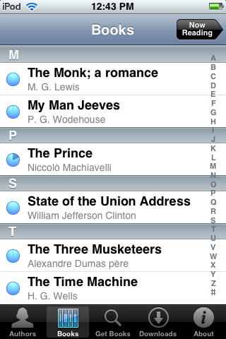 Eucalyptus book list: Books are presented in a standard iPhone scrollable list, with the alphabet down the side.; iPhone; e-readers