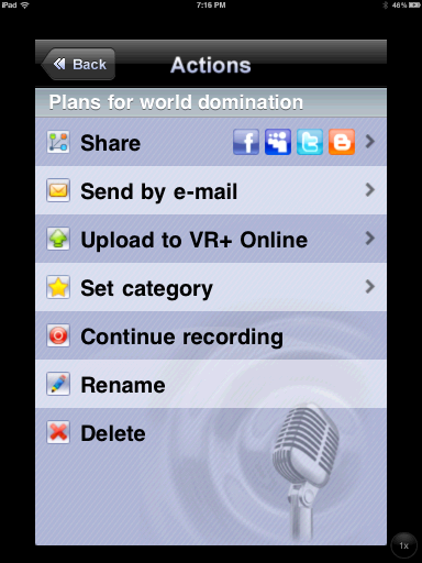 VR+ iOS recorder: The options available on VR+ recordings.; audio