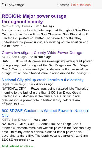 First reporters on Dark Thursday power outage: The first reports of the power outage came from local channel 10 and the North County Times.; San Diego; news