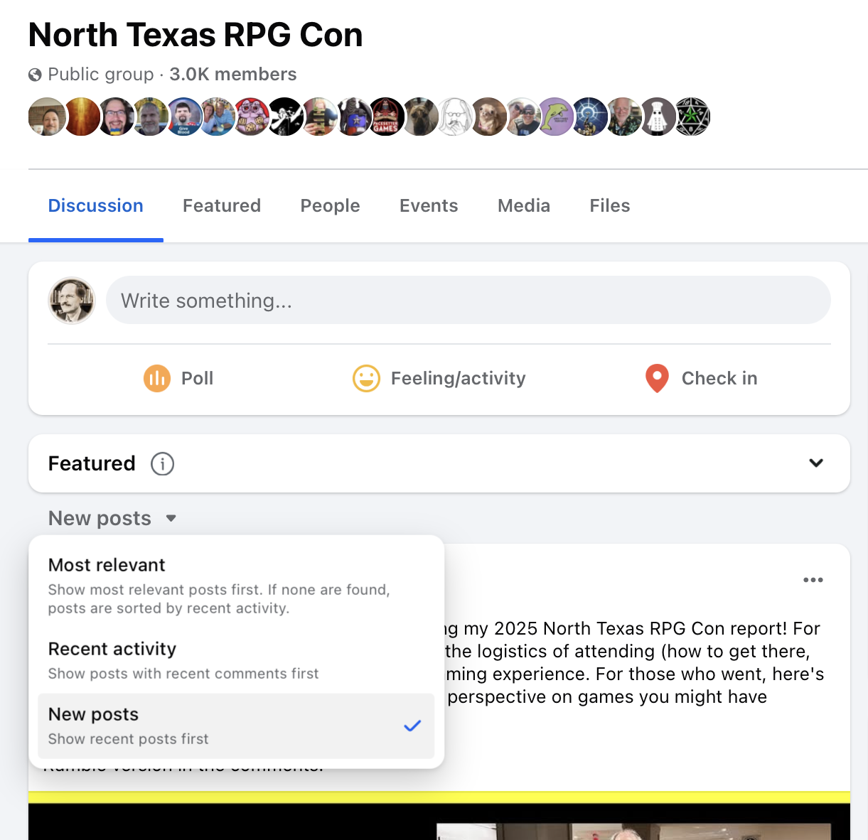 Facebook group sort: Pull-down menu for sorting group posts on Facebook, using the North Texas RPG Con as an example.; Facebook