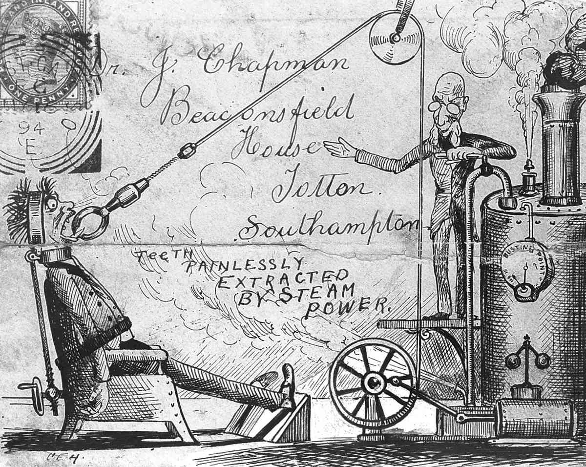 Steam power tooth extraction: “Teeth painless extracted by steam power.”; Rube Goldberg machines; pigeon dancing
