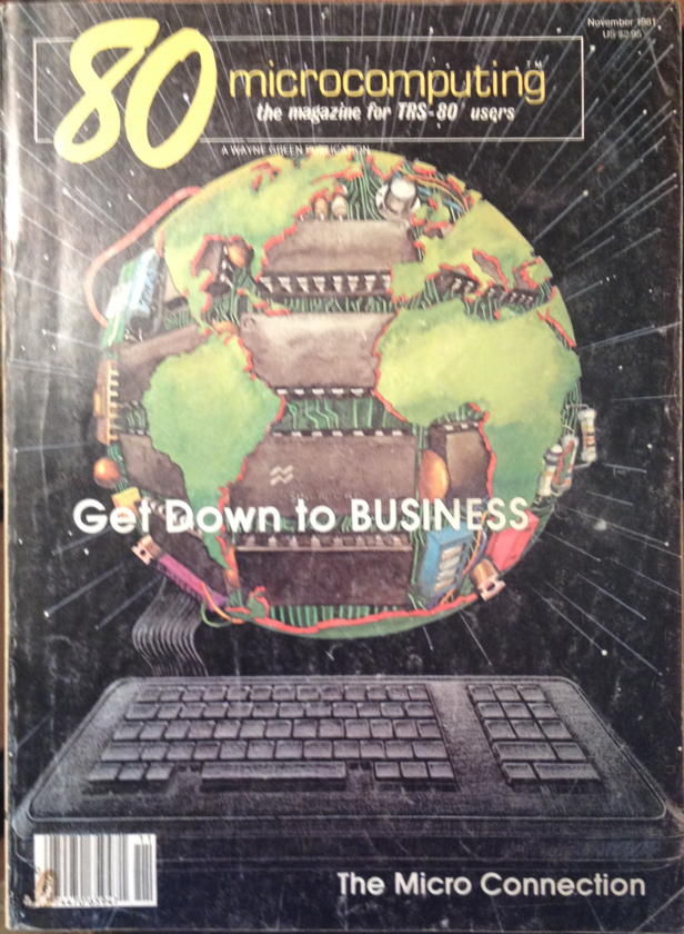 80-Micro November 1981 cover: The cover for 80 microcomputing in November, 1981, displays a business theme.; TRS-80; 80 microcomputing; 80-Micro