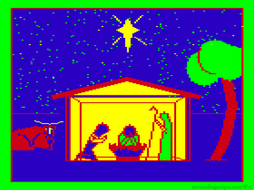 Branigan’s Nativity: Arron W. Branigan’s Nativity scene from the December 1986 Rainbow’s “Go Tell It On the CoCo”, on the TRS-80 Color Computer.; Christmas; Color Computer; CoCo, TRS-80 Color Computer