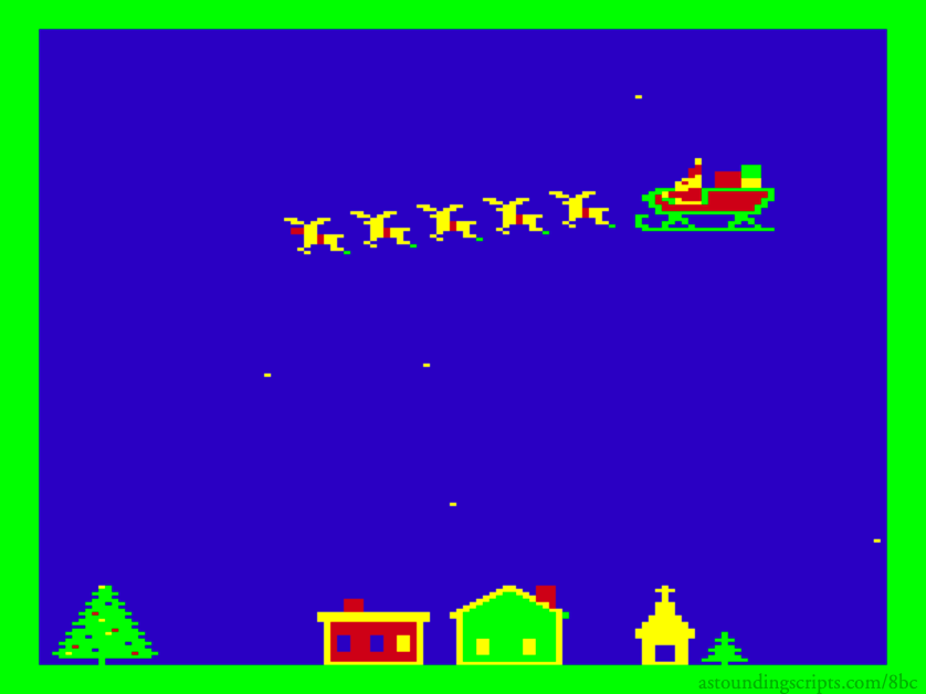 J.D. German’s Up on the Rooftop: J.D. German’s December 1986 Rainbow game of flying and landing Santa’s sleigh.; Christmas; Color Computer; CoCo, TRS-80 Color Computer; Santa Claus; The Rainbow magazine