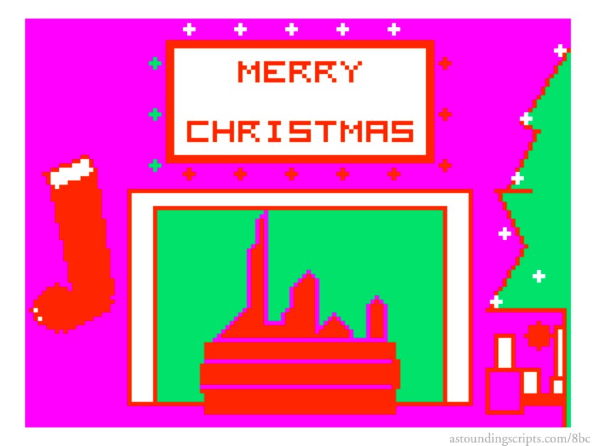 Vasconi’s Holiday Hearth: A roaring holiday fire from Eugene Vasconi, in the December 1986 issue of The Rainbow.; graphics; Christmas; Color Computer; CoCo, TRS-80 Color Computer