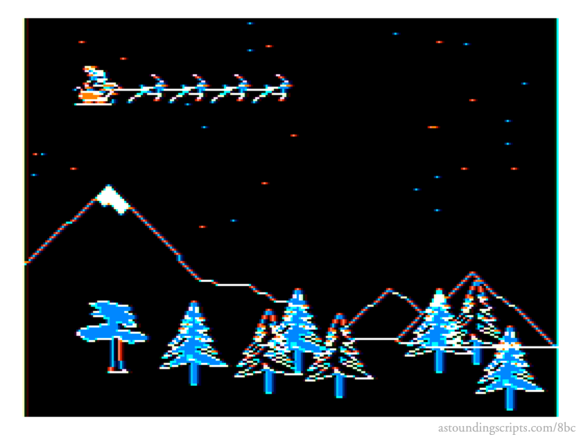 Aftamonow’s Rudolph: From the Rainbow, December 1985, “Rudolph the Red-Nosed Reindeer”, Rudolph leading Santa’s sleigh by George and Ellen Aftamonow.; Christmas music; Christmas carols; Color Computer; CoCo, TRS-80 Color Computer; computer history