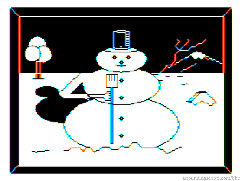 Branigan’s Snowman: From the Rainbow, December 1986, “Go Tell It On The CoCo”, a snowman by Arron W. Branigan.; Christmas; Color Computer; CoCo, TRS-80 Color Computer; snow; computer history