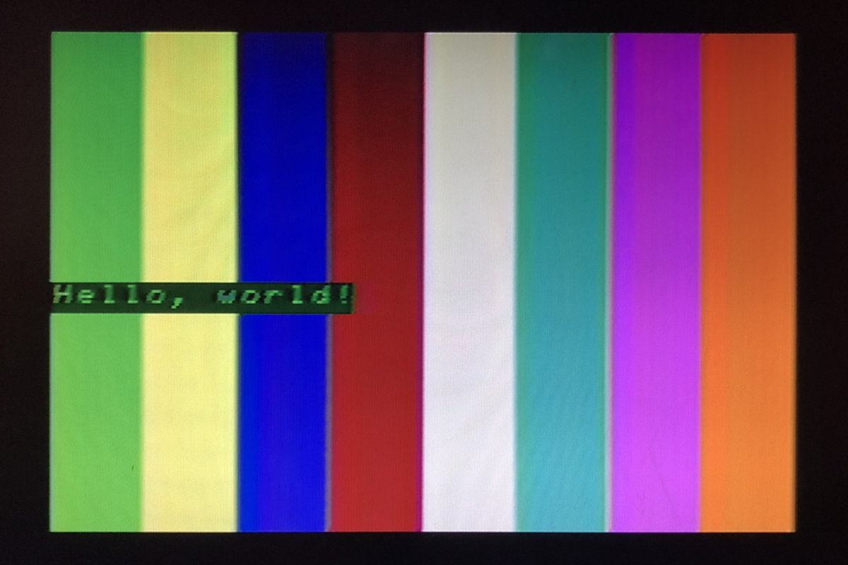 Hello, World color bars: Hello, World on the TRS-80 Color Computer 2, with color bars.; programming; TRS-80