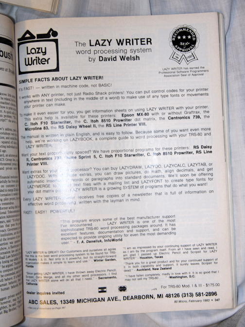 Lazy Writer full page ad (thumbnail): “The Lazy Writer word processing system by David Welsh” thumbnail.; TRS-80; advertisement; word processors