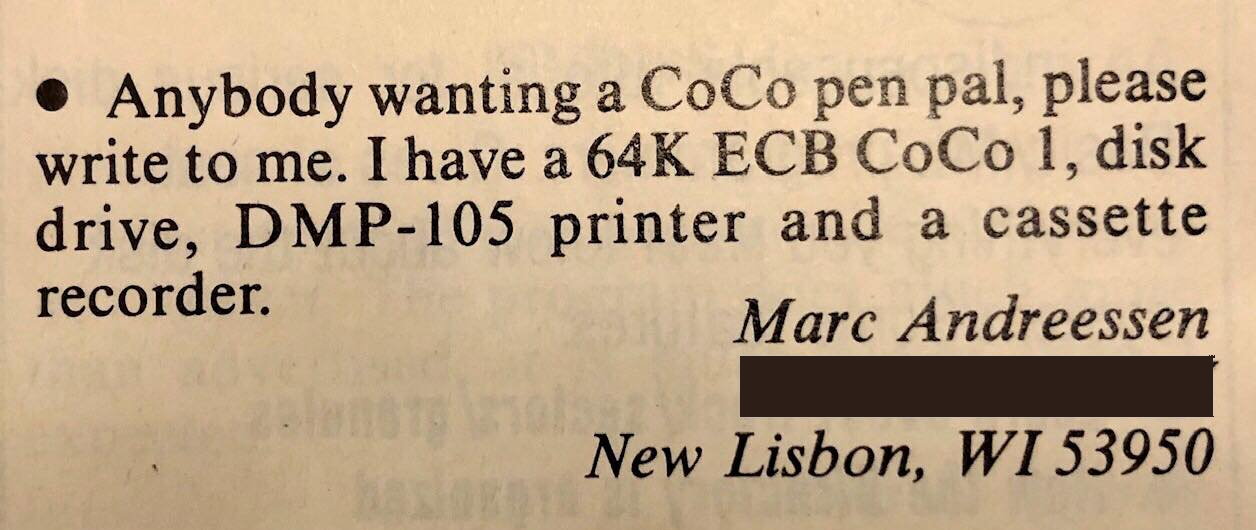 Marc Andreessen Rainbow letter: Marc Andreessen pen-pal letter in the April 1987 issue of Rainbow Magazine for the TRS-80 Color Computer.; computer history; The Rainbow magazine; Marc Andreessen