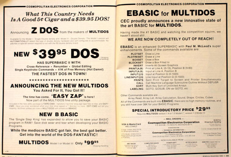 MultiDOS (thumbnail): A two-page ad spread from Cosmopolitan Electronics Corporation, mainly for MultiDos, thumbnail.; TRS-80; operating systems