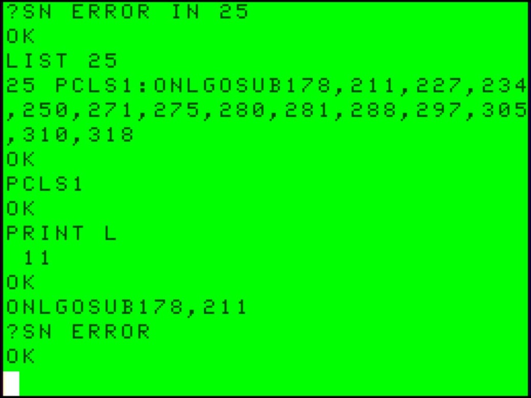 ON L GOSUB: The TRS-80 Color Computer’s Extended Color BASIC requires spaces between variable letters and THEN, GOTO, or (as in this example) GOSUB.; Color Computer; CoCo, TRS-80 Color Computer; BASIC; Beginners All-purpose Symbolic Instruction Code