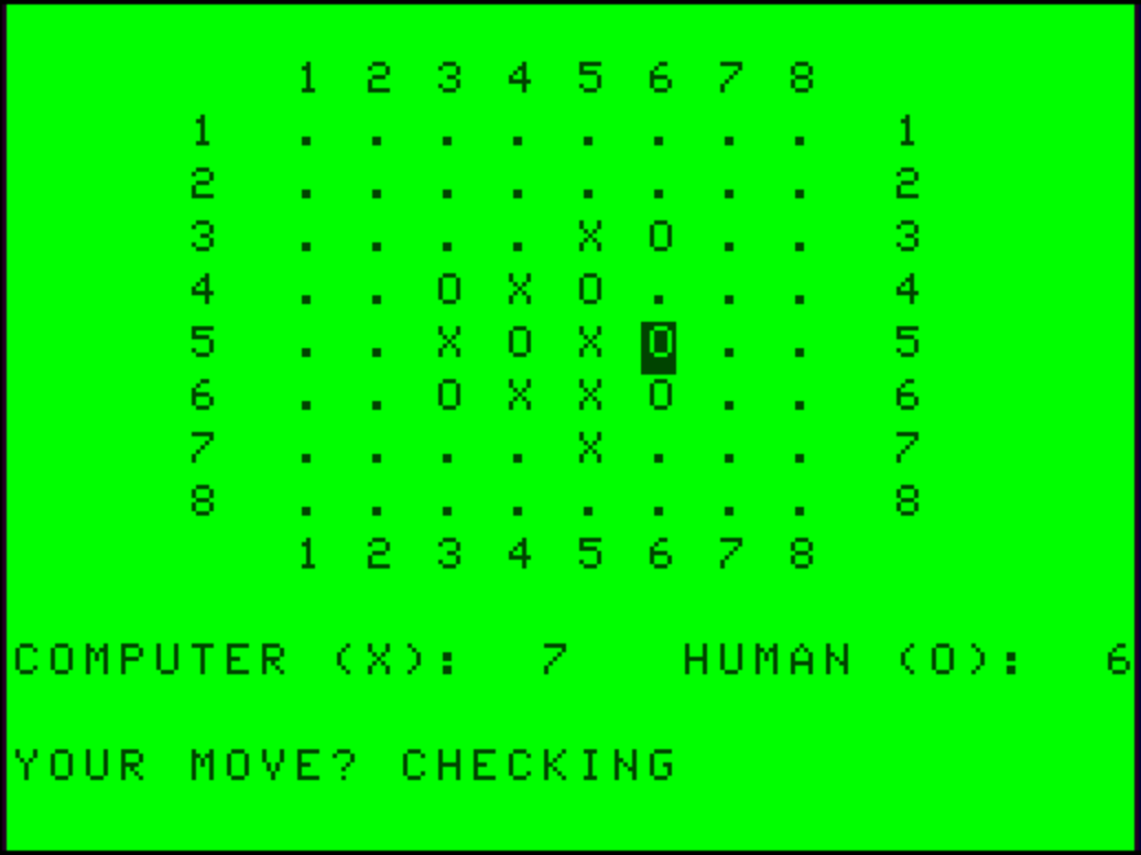 Reversi checking moves: Reversi, checking for valid moves for the player, and highlighting one.; Color Computer; CoCo, TRS-80 Color Computer; Reversi; Othello; retro computer games; 8-bit computer games