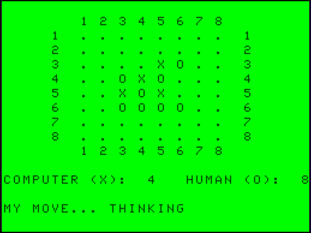 Reversi thinking about its move: Reversi on the TRS-80 Color Computer, thinking about its next move.; Color Computer; CoCo, TRS-80 Color Computer; Reversi; Othello; retro computer games; 8-bit computer games