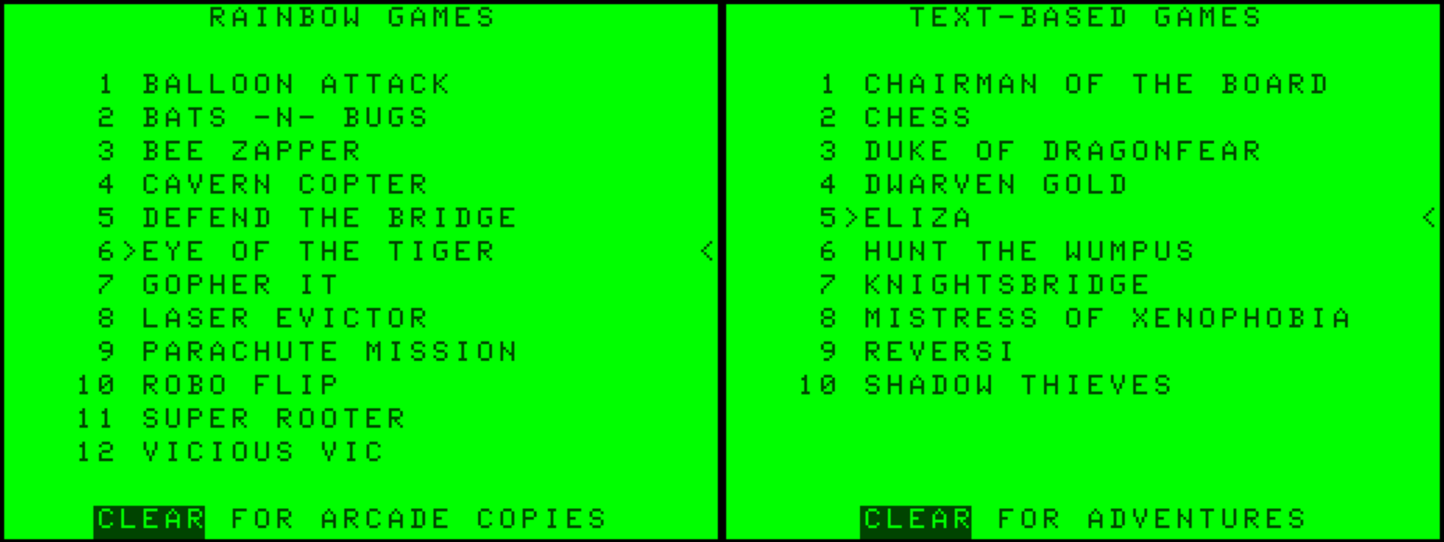 CoCo sample menu screens: Sample menus from MENU.BAS: Rainbow games, and text-based games.; Color Computer; CoCo, TRS-80 Color Computer; The Rainbow magazine; retro computer games; 8-bit computer games