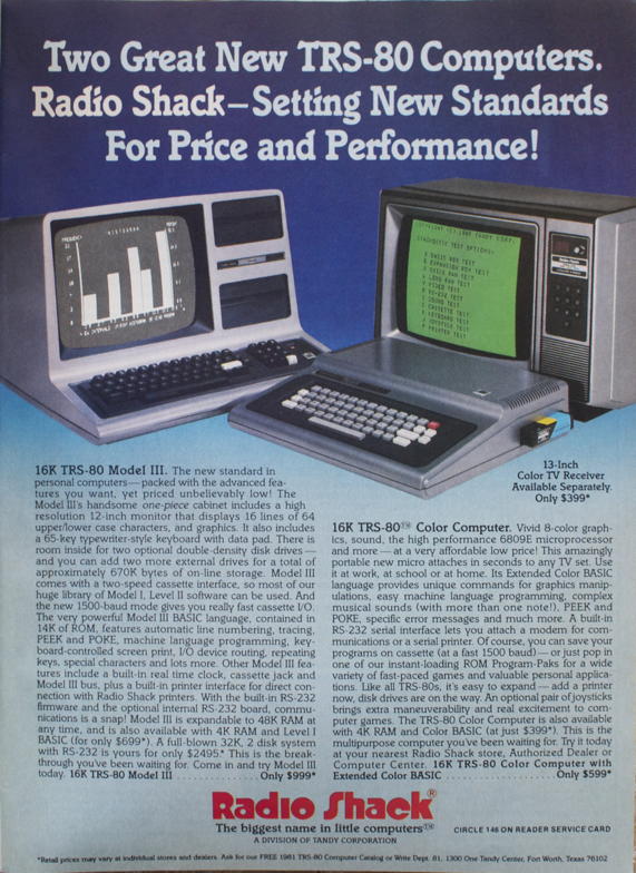 TRS-80 Model III and Color Computer thumbnail: Thumbnail for January 1981 creative computing ad describing the TRS-80 Model III and TRS-80 Color Computer.; Radio Shack; TRS-80; Color Computer; CoCo, TRS-80 Color Computer