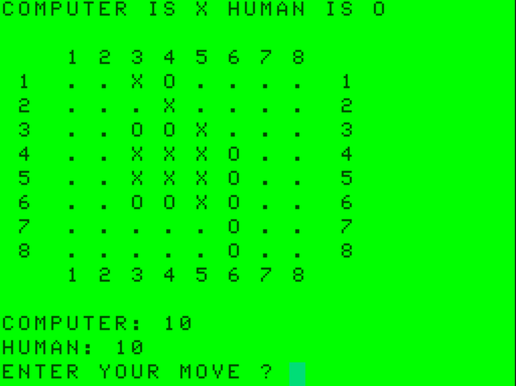 Tim Hartnell’s Reversi: Reversi/Othello from Tim Hartnell’s Giant Book of Computer Games, running on a CoCo 2 (emulated with XRoar).; Color Computer; CoCo, TRS-80 Color Computer; Reversi; Othello