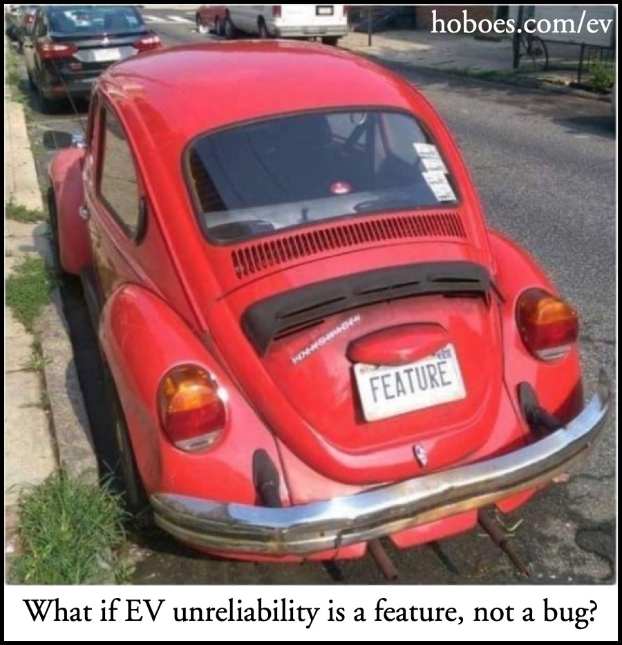 Is electric car unreliability a feature?: What if EV unreliability is a feature, not a bug? Captioned Volkswagen Bug image.; Volkswagen; battery-powered cars; electric cars; batteries