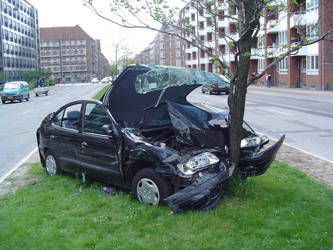 Car crashed into tree: “A car crash on Jagtvej, a road in Copenhagen, Denmark. May 24 2005.”; accidents; automobiles; cars