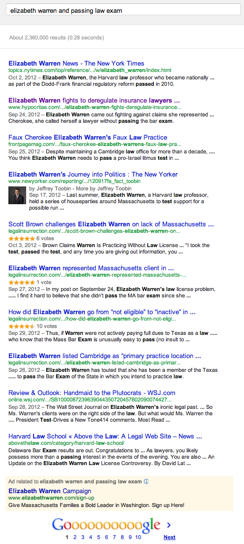 Elizabeth Warren law exam search results: On a search for Elizabeth Warren and “passing law exam”, the Walkerville Weekly Reader comes up second.; Google; Walkerville Weekly Reader; Elizabeth Warren