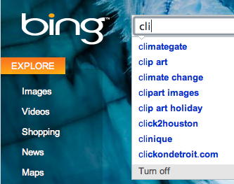 Bing search for cli: Bing’s helpful hints on typing “cli” in the search box.; Google; Climategate