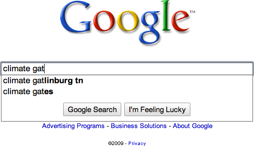 Google search for climate gat: Google’s helpful hints on typing “climate gat” in the search box.; Google; Climategate