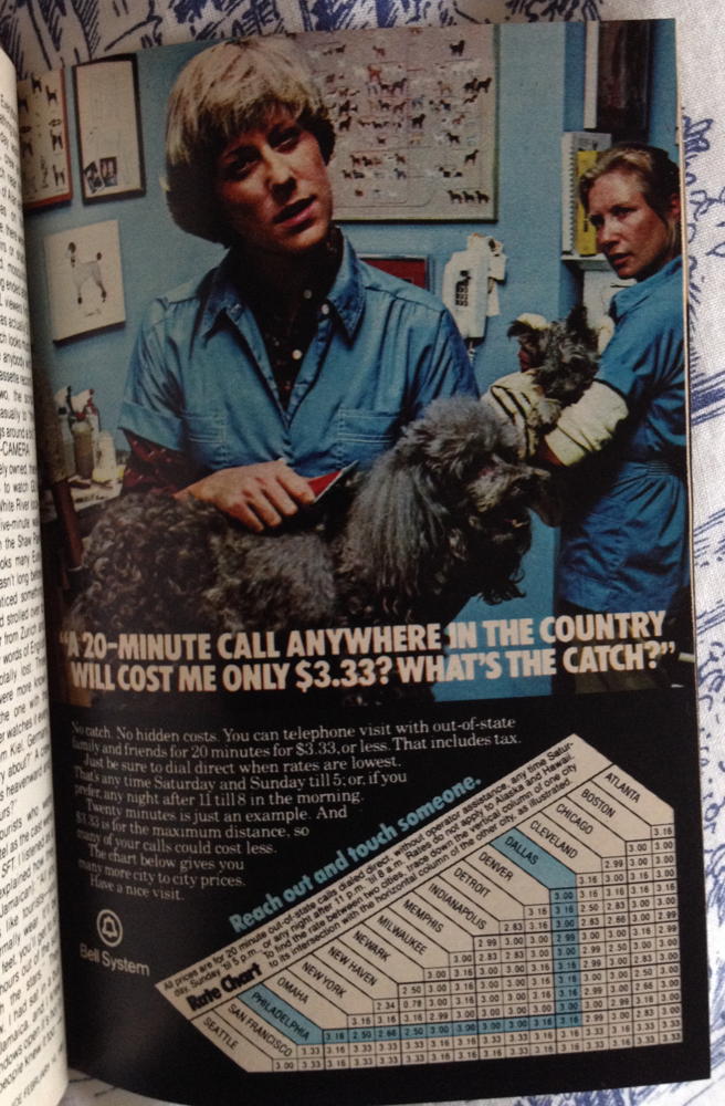 AT&T 1981 catch: AT&T advertisement from a 1981 TV Guide touting low off-peak prices of $3.33 per twenty minutes.; AT&T; government monopolies