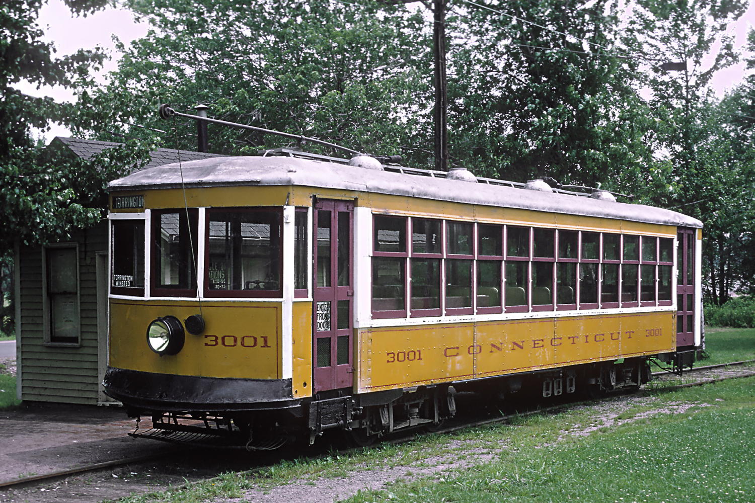 Connecticut Trolley: “Connecticut Company (New Haven) car 3001 at the Connecticut Trolley Museum, Warehouse Point, CT on July 14, 1969.”; Connecticut; trolleys