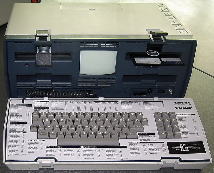 Osborne Model 1: The Osborn Model 1 portable computer, with WordStar keyboard “overlay”.; computers