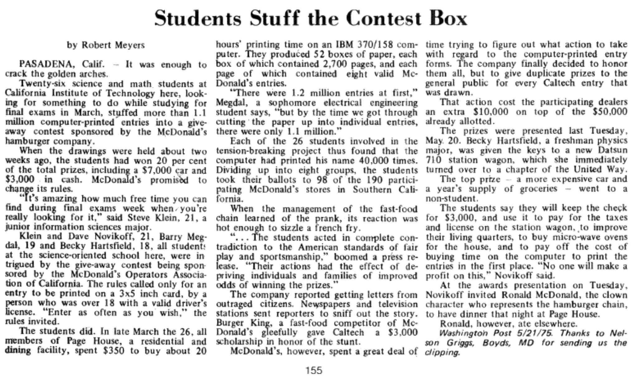 Students Stuff the Contest Box: The basis of a CalTech legend that made its way into the movie Real Genius. Reproduced from The Best of Creative Computing, Volume 1.; Caltech; Creative Computing; Real Genius