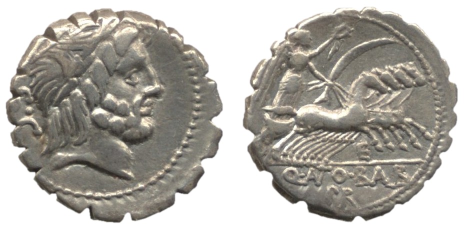 Antonia 1 Denarius serratus: “Antonia 1 Denarius serratus Quintus Antonius Balbus (c. 82-83 BC) Laur. Head of Jupiter r. S•C behind.
R/Victory in quadriga r. letter (E) below horses Q• ANTO • BALB / PR in exergue.”; Roman Empire; coins