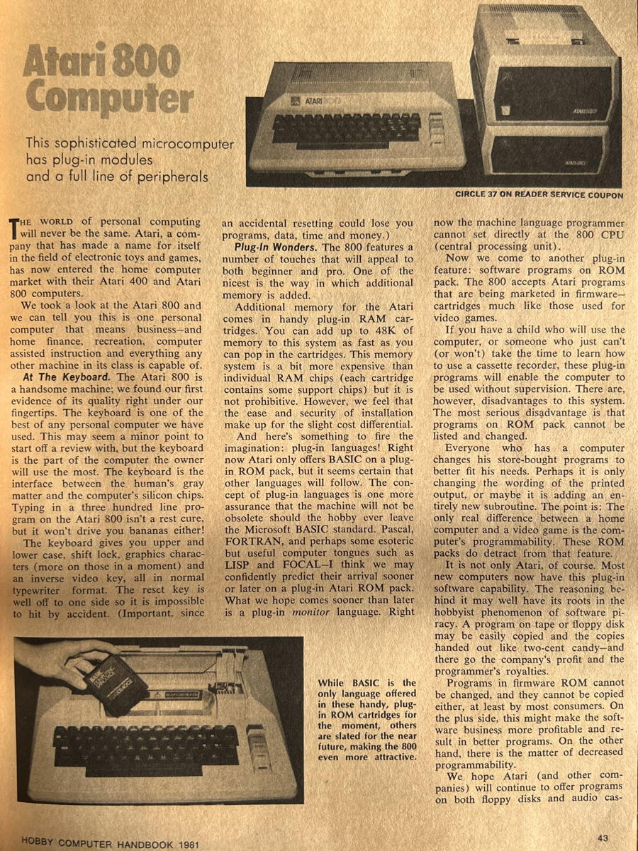 HCH on the Atari 800 Computer: “This sophisticated microcomputer has plug-in modules and a full line of peripherals” from the 1981 edition of Hobby Computer Handbook.; Atari; Hobby Computer Handbook