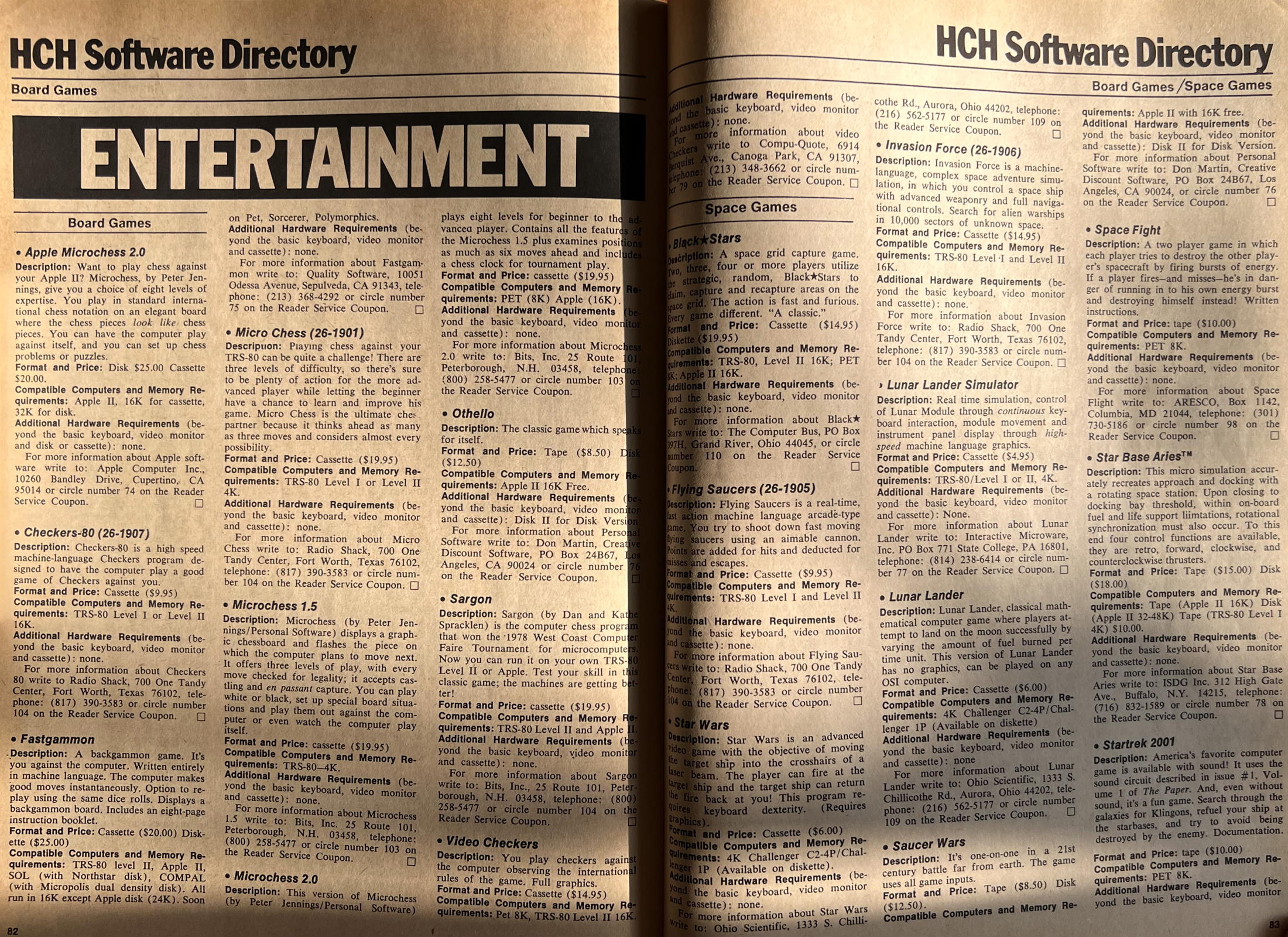 Board games and space games: Two pages of the Hobby Computer Handbook software directory from the Fall/Winter 1979 edition.; retro computer games; 8-bit computer games; Hobby Computer Handbook