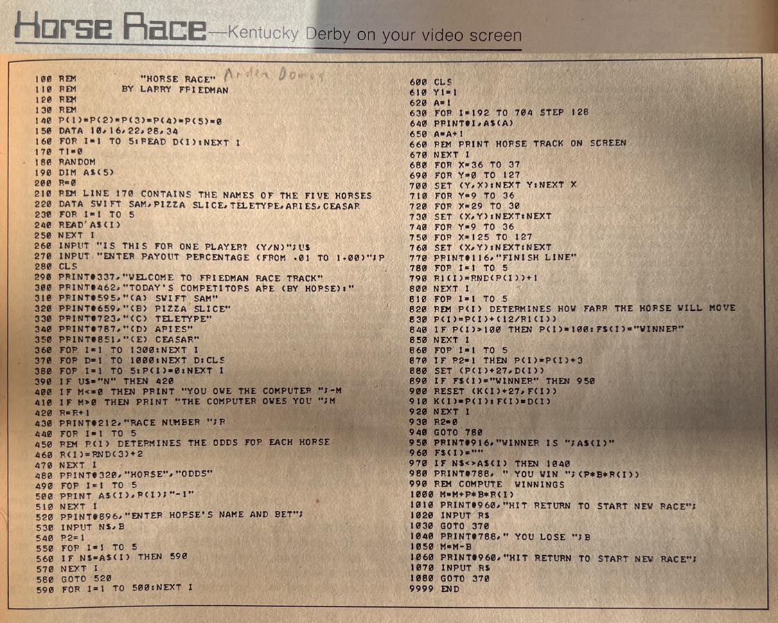 Larry Friedman’s Horse Race: “Kentucky Derby on your video screen”, a BASIC horse race program from the Fall/Winter 1979 edition of Hobby Computer Handbook.; horse racing; BASIC; Beginners All-purpose Symbolic Instruction Code; Hobby Computer Handbook